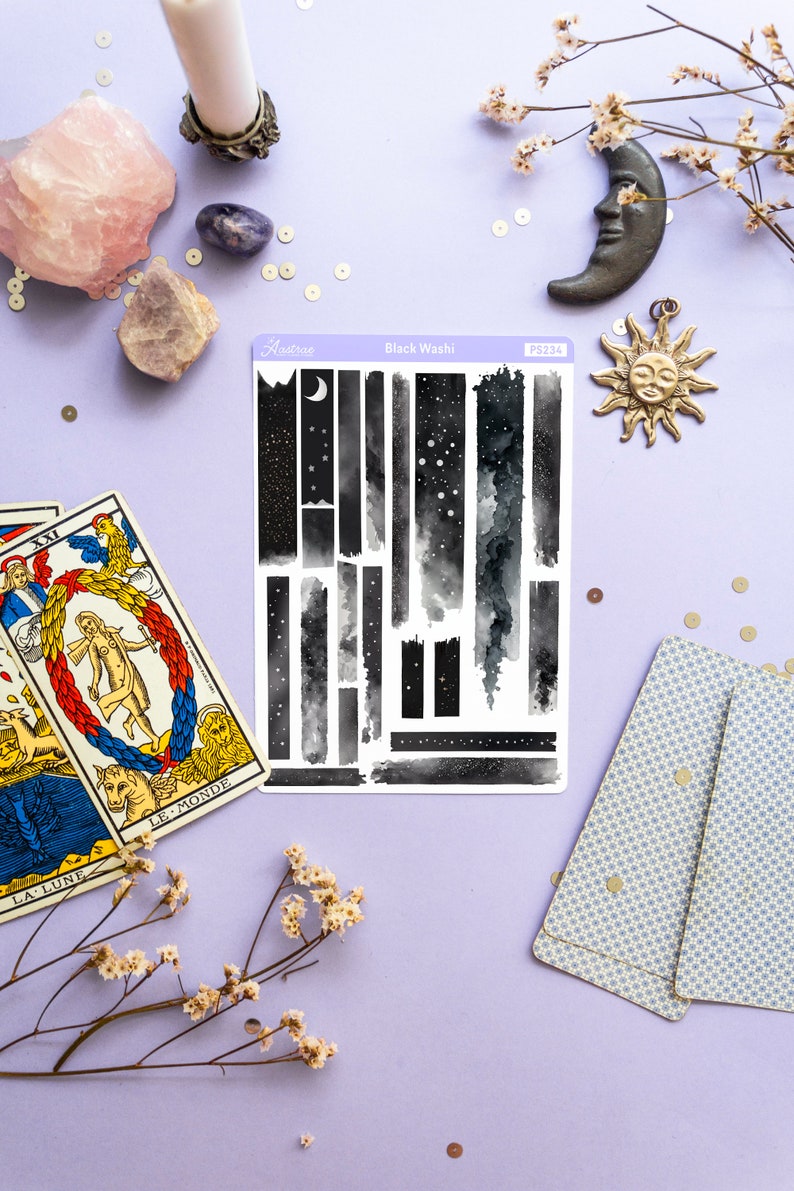 Mystical Washi Tape Stickers, Foglio adesivo Washi celeste nero scuro, Accessori pianificatore esoterico, Adesivi decorativi, Bujo Witch Washi immagine 5