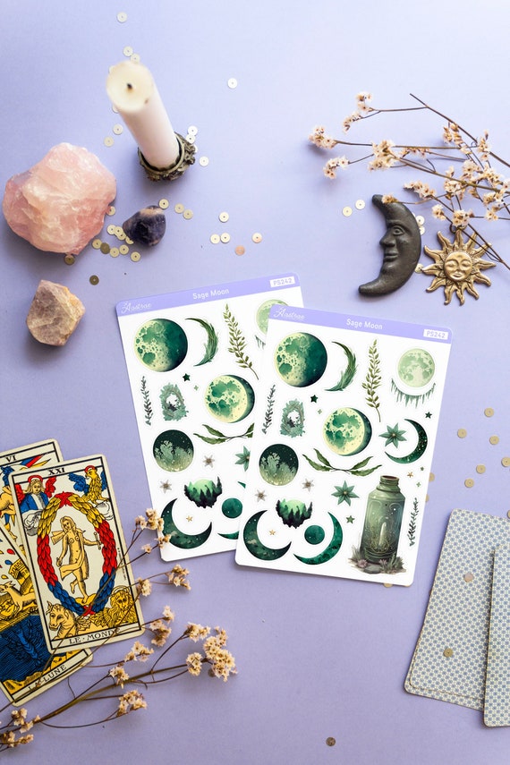 Sage Green Lunar Planner Stickers, Witchy Moon Stickers for Planner, Moon Planner Stickers, Celestial Stickers, Grimoire Stickers, Bujo Art