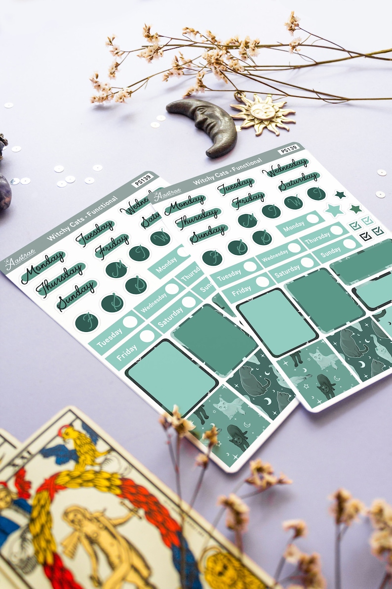 Witchy Cat Stickers, Green Journal Sticker, Monthly Planner Stickers ...