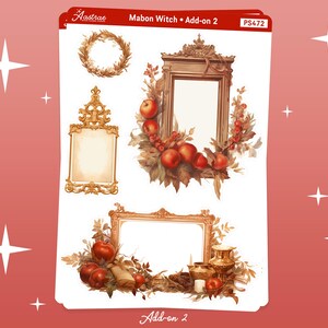 Op de afbeelding: Een digitale download van vier afdrukbare afbeeldingen met sierlijke gouden frames met herfstbladeren en rode appels. De afbeeldingen zijn gelabeld met "Mabon Witch - Add-on 2" en "PS472".