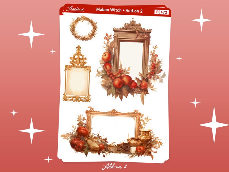 Op de afbeelding: Een digitale download van vier afdrukbare afbeeldingen met sierlijke gouden frames met herfstbladeren en rode appels. De afbeeldingen zijn gelabeld met "Mabon Witch - Add-on 2" en "PS472".