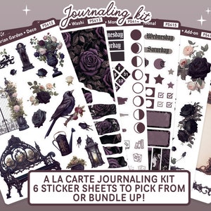 May include: A set of six sticker sheets with a gothic Victorian garden theme. The sheets feature black and white illustrations of a gate, a bench, a bird, a lantern, and flowers. The text on the sheets reads "Gothic Victorian Garden - Deco".