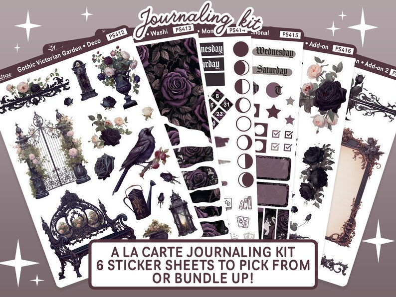 May include: A set of six sticker sheets with a gothic Victorian garden theme. The sheets feature black and white illustrations of a gate, a bench, a bird, a lantern, and flowers. The text on the sheets reads "Gothic Victorian Garden - Deco".