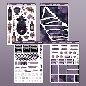 K&ouml;nnte beinhalten: Ein Set aus vier Stickerb&ouml;gen mit einem lila und schwarzen Farbschema, das eine Hexe, Tr&auml;nke und andere hexenhafte Elemente zeigt. Die Sticker sind f&uuml;r die Verwendung in einem Planer oder Tagebuch gedacht. Der Text auf den B&ouml;gen lautet "Poison Witch - Deco", "Poison Witch - Washi", "Poison Witch - Monthly" und "Poison Witch - Functional".