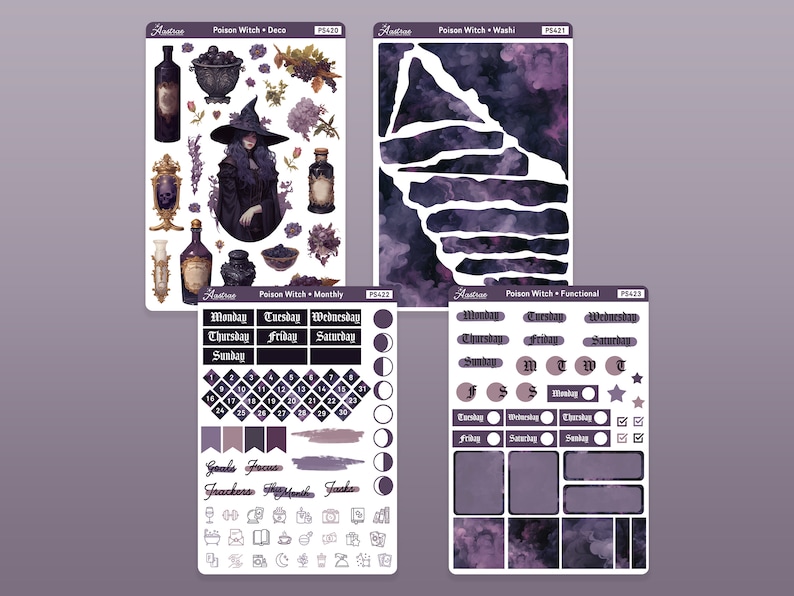 K&ouml;nnte beinhalten: Ein Set aus vier Stickerb&ouml;gen mit einem lila und schwarzen Farbschema, das eine Hexe, Tr&auml;nke und andere hexenhafte Elemente zeigt. Die Sticker sind f&uuml;r die Verwendung in einem Planer oder Tagebuch gedacht. Der Text auf den B&ouml;gen lautet "Poison Witch - Deco", "Poison Witch - Washi", "Poison Witch - Monthly" und "Poison Witch - Functional".