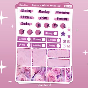 May include: A set of planner stickers with a romantic witch theme. The stickers feature a floral design with pink and purple roses, and include days of the week, checkboxes, and blank spaces for writing. The text "Romantic Witch. Functional" and "PS282" are also included.