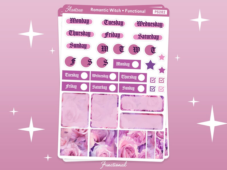 May include: A set of planner stickers with a romantic witch theme. The stickers feature a floral design with pink and purple roses, and include days of the week, checkboxes, and blank spaces for writing. The text "Romantic Witch. Functional" and "PS282" are also included.