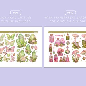 May include: Two sheets of watercolour illustrations featuring butterflies, crystals, mushrooms, and potion bottles. The text on the top left says "PDF FOR HAND CUTTING OUTLINE INCLUDED". The text on the top right says "PNG WITH TRANSPARENT BACKGROUND FOR CRICUT & SILHOUETTE".