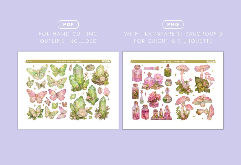 May include: Two sheets of watercolour illustrations featuring butterflies, crystals, mushrooms, and potion bottles. The text on the top left says "PDF FOR HAND CUTTING OUTLINE INCLUDED". The text on the top right says "PNG WITH TRANSPARENT BACKGROUND FOR CRICUT & SILHOUETTE".