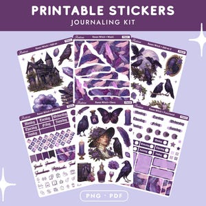 May include: Printable sticker sheets for journaling, featuring a raven witch theme. The stickers include illustrations of ravens, a haunted house, butterflies, and decorative elements in shades of purple and lavender. The text "Printable Stickers Journaling Kit" is at the top.