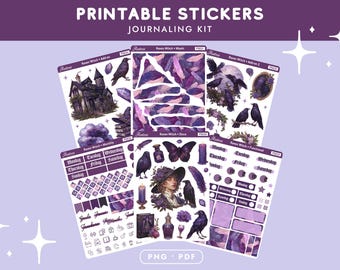 May include: Printable sticker sheets for journaling, featuring a raven witch theme. The stickers include illustrations of ravens, a haunted house, butterflies, and decorative elements in shades of purple and lavender. The text "Printable Stickers Journaling Kit" is at the top.