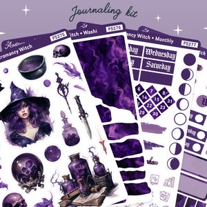 May include: A set of purple and black themed planner stickers featuring a witch, potions, and a cauldron. The stickers are labelled "Necromancy Witch", "Fancy Witch", and "Functional Witch".