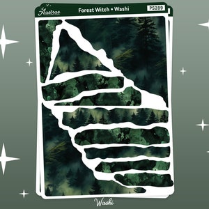 May include: A sheet of washi tape with a forest scene featuring a dark green and black color scheme. The tape is cut into strips with a jagged edge. The text "Forest Witch &bull; Washi" and "PS289" are printed on the sheet.