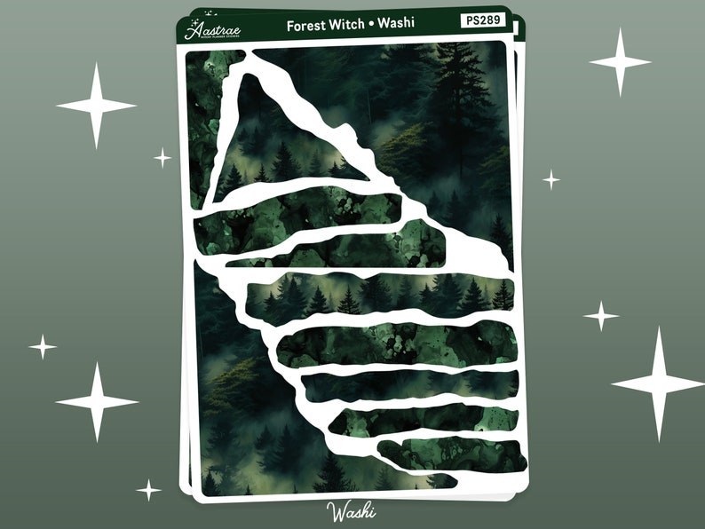 May include: A sheet of washi tape with a forest scene featuring a dark green and black color scheme. The tape is cut into strips with a jagged edge. The text "Forest Witch &bull; Washi" and "PS289" are printed on the sheet.