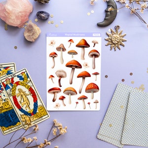 Peut inclure: Une feuille d'autocollants illustrant diff&eacute;rents types de champignons. Les autocollants sont sur fond blanc et portent l'inscription "Magical Mushrooms" et "Astrozee". Les autocollants sont entour&eacute;s de divers objets, dont un cristal rose, un bougeoir argent&eacute;, une lune argent&eacute;e, un soleil dor&eacute; et un jeu de cartes de tarot.