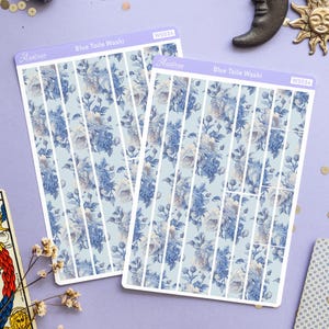 Blauw stickervel toile washitape, chinoiserie Chateaucore esthetiek, vintage bloemen Washi plannerstickers, Delfts blauw plakboek kortstondig