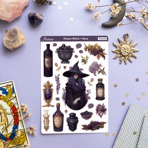 May include: A sheet of stickers featuring a witch with purple hair and a black dress, a skull in a glass jar, bottles of potion, and grapes. The sticker sheet is titled "Poison Witch &bull; Deco" and has the number "PS420" in the top right corner.