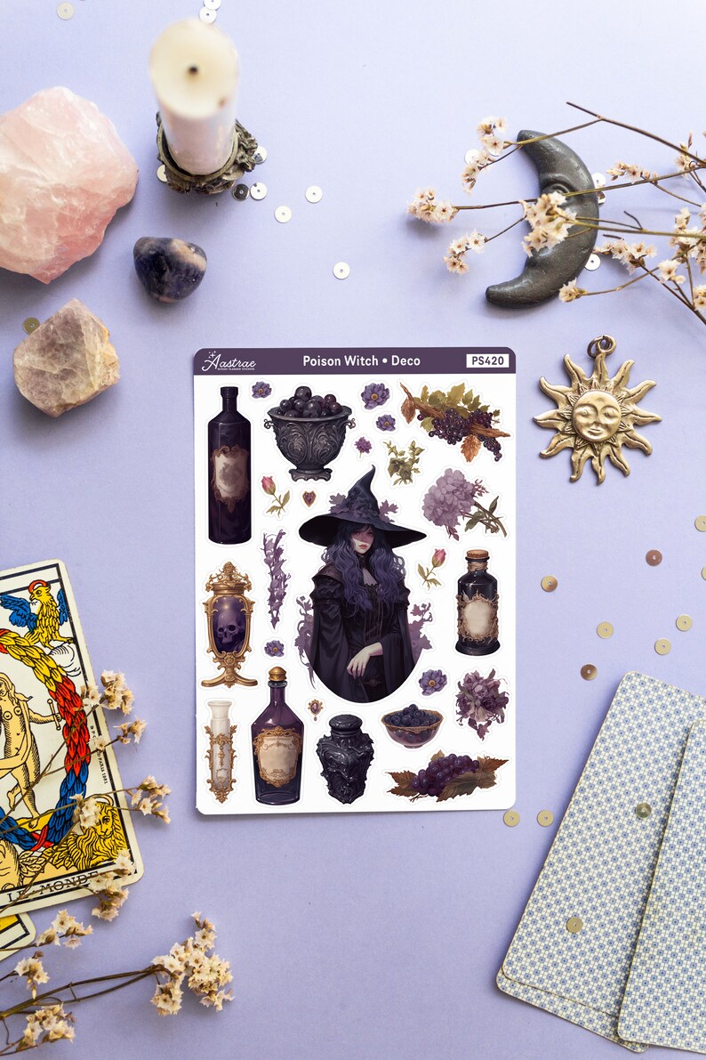 May include: A sheet of stickers featuring a witch with purple hair and a black dress, a skull in a glass jar, bottles of potion, and grapes. The sticker sheet is titled "Poison Witch &bull; Deco" and has the number "PS420" in the top right corner.