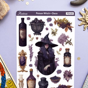 May include: A sheet of stickers featuring a witch with purple hair and a black dress, a cauldron, bottles, and other witchy elements. The stickers are on a white background and have a purple border. The text "Poison Witch &bull; Deco" and "PS420" are printed on the sheet.