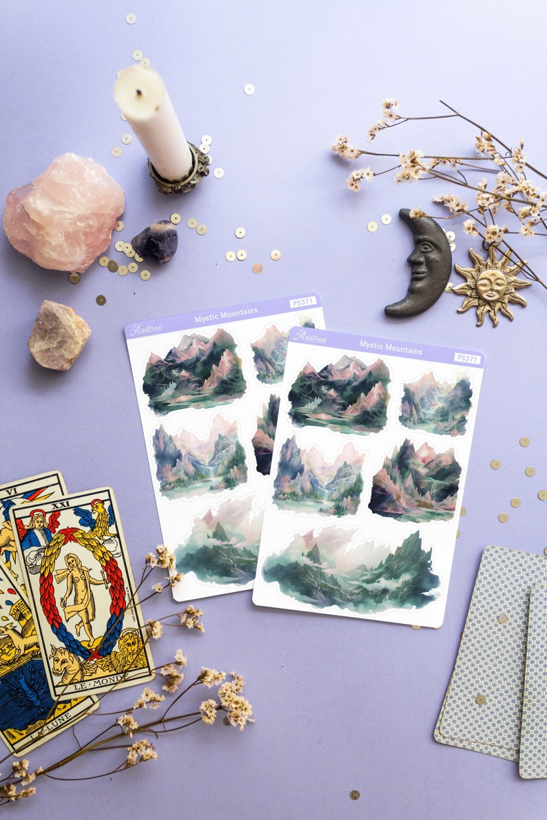 May include: Two sheets of stickers featuring watercolor illustrations of misty mountains. The stickers are labeled "Mystic Mountains" and have the product number "PS3771".