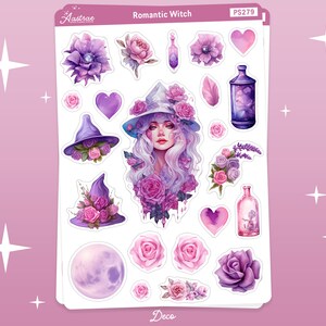 May include: A sheet of stickers featuring a romantic witch with purple and pink flowers, a witch's hat, and potion bottles. The stickers are labeled "Romantic Witch" and "Deco".