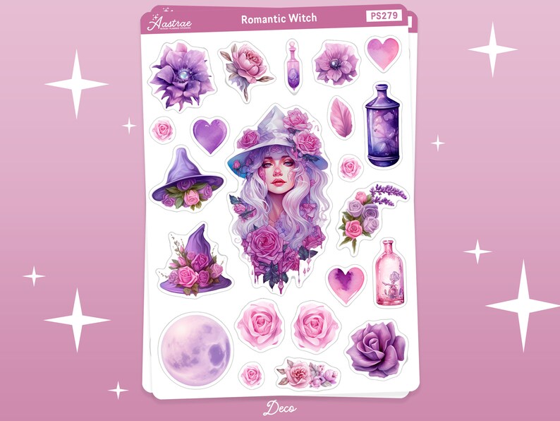 May include: A sheet of stickers featuring a romantic witch with purple and pink flowers, a witch's hat, and potion bottles. The stickers are labeled "Romantic Witch" and "Deco".