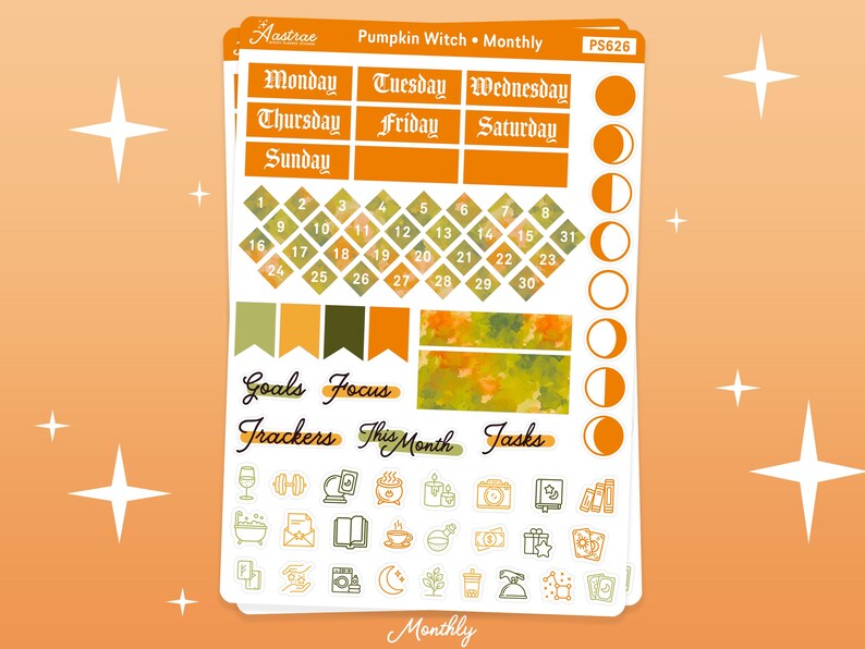 K&ouml;nnte beinhalten: Ein Bogen mit Planer-Aufklebern zum Thema K&uuml;rbis. Die Aufkleber enthalten Kalendertage, Mondphasen und Symbole f&uuml;r Ziele, Fokus, Tracker, Aufgaben und den Text "Pumpkin Witch Monthly". Das Farbschema ist orange, gr&uuml;n und wei&szlig;.