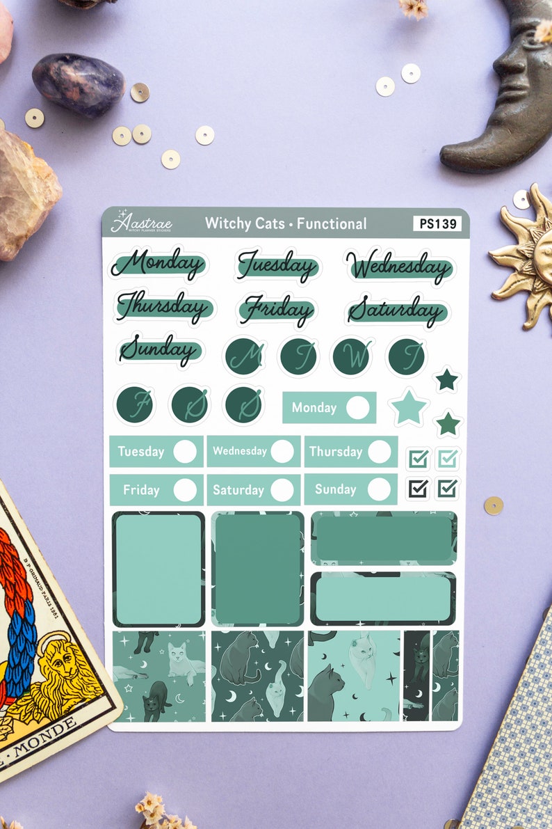 Witchy Cat Stickers, Green Journal Sticker, Monthly Planner Stickers ...