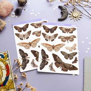 May include: Two sheets of vintage moth stickers with a brown and white color scheme. The stickers are on a purple background with white sequins and dried flowers.