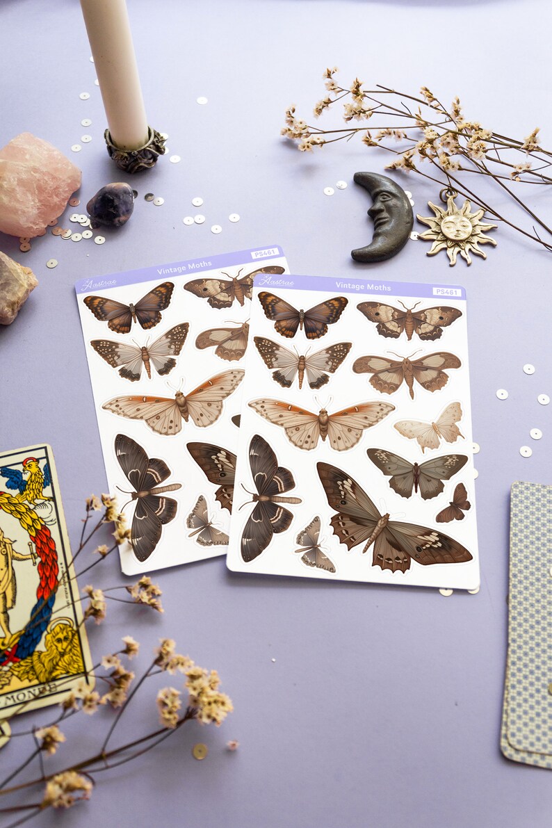 May include: Two sheets of vintage moth stickers with a brown and white color scheme. The stickers are on a purple background with white sequins and dried flowers.