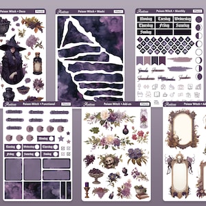 K&ouml;nnte beinhalten: Ein Set mit 6 Stickerb&ouml;gen mit einem Hexen-Thema. Die Sticker zeigen eine Hexe, Tr&auml;nke, Sch&auml;del, Blumen und andere hexenhafte Elemente. Die Sticker sind perfekt zum Dekorieren von Planern, Tageb&uuml;chern und anderen Gegenst&auml;nden.