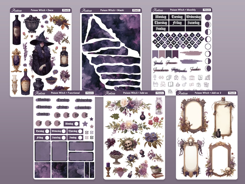 K&ouml;nnte beinhalten: Ein Set mit 6 Stickerb&ouml;gen mit einem Hexen-Thema. Die Sticker zeigen eine Hexe, Tr&auml;nke, Sch&auml;del, Blumen und andere hexenhafte Elemente. Die Sticker sind perfekt zum Dekorieren von Planern, Tageb&uuml;chern und anderen Gegenst&auml;nden.