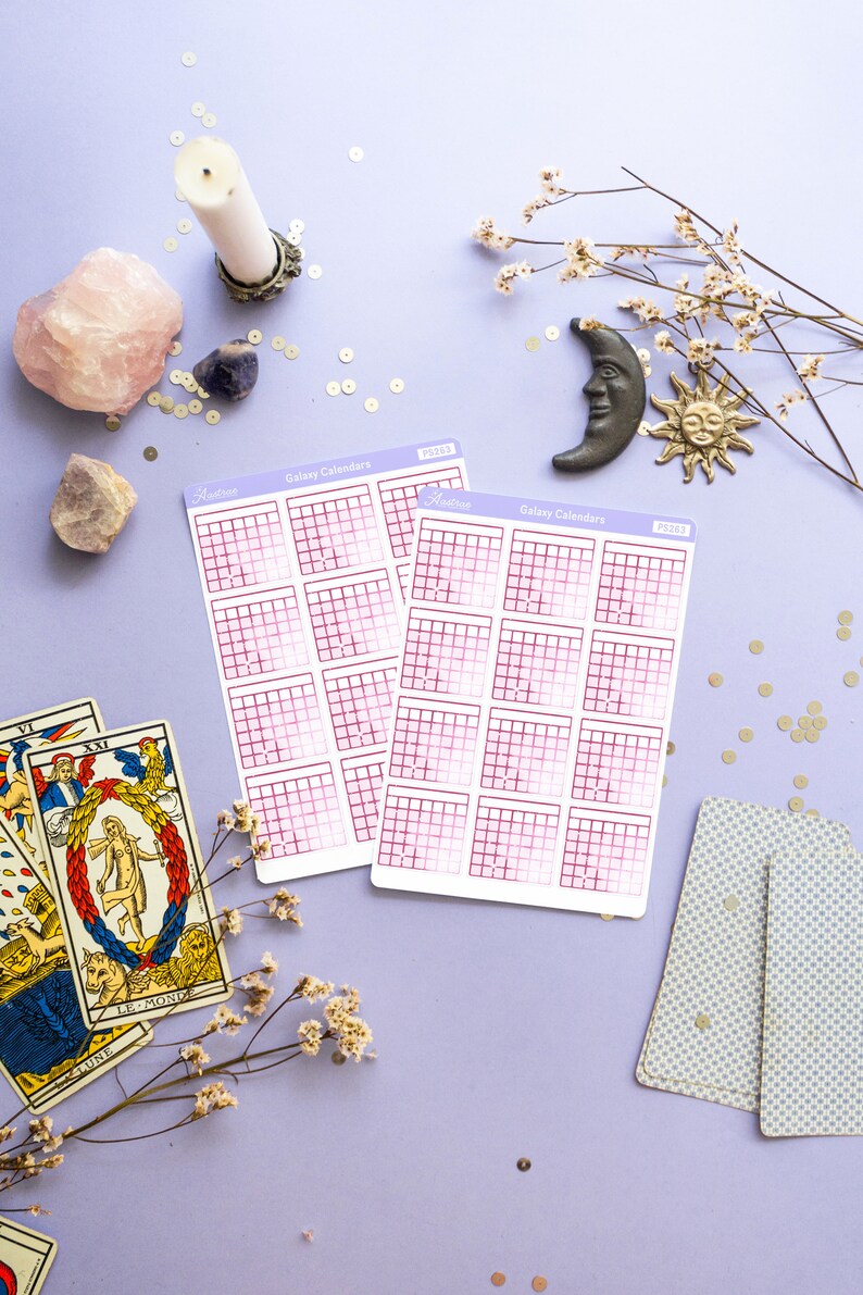 Op de afbeelding: Twee roze en witte galaxy-kalender sticker vellen met een rasterpatroon. De vellen liggen op een paarse ondergrond met gouden glitter, een roze kristal, een witte kaars, een tarotkaart en een klein wit bloemscherm.
