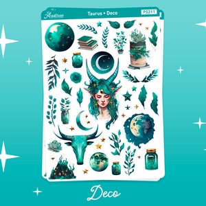 May include: A sheet of teal and green stickers featuring a mystical woman with a crown of leaves, a bull's head, a crescent moon, stars, jars, and plants. The sheet is labeled "Taurus Deco" and "PS211".