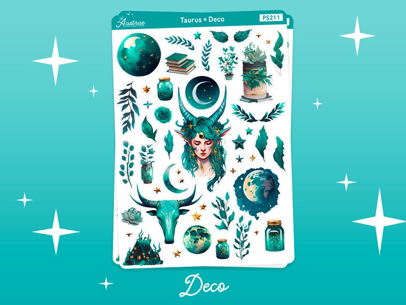 May include: A sheet of teal and green stickers featuring a mystical woman with a crown of leaves, a bull's head, a crescent moon, stars, jars, and plants. The sheet is labeled "Taurus Deco" and "PS211".