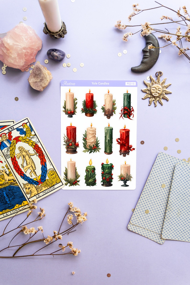 May include: A sheet of Yule candle stickers with a variety of designs. The stickers feature candles in red, green, and white with holly and ribbon accents. The sheet is labeled "Yule Candles" and "PS315".