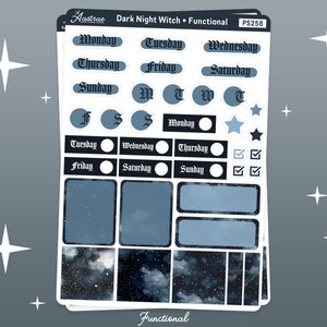 May include: A set of planner stickers with a dark night witch theme. The stickers feature a dark blue and black galaxy design with white stars. The stickers include days of the week, checkboxes, and blank boxes for writing.
