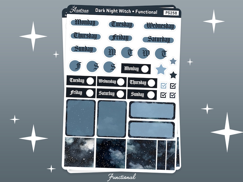 May include: A set of planner stickers with a dark night witch theme. The stickers feature a dark blue and black galaxy design with white stars. The stickers include days of the week, checkboxes, and blank boxes for writing.