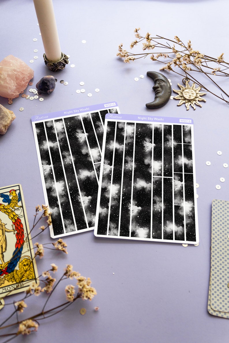 May include: Two sheets of black and white night sky washi tape with a starry sky design. The washi tape is labeled "Night Sky Washi" and "WS018".