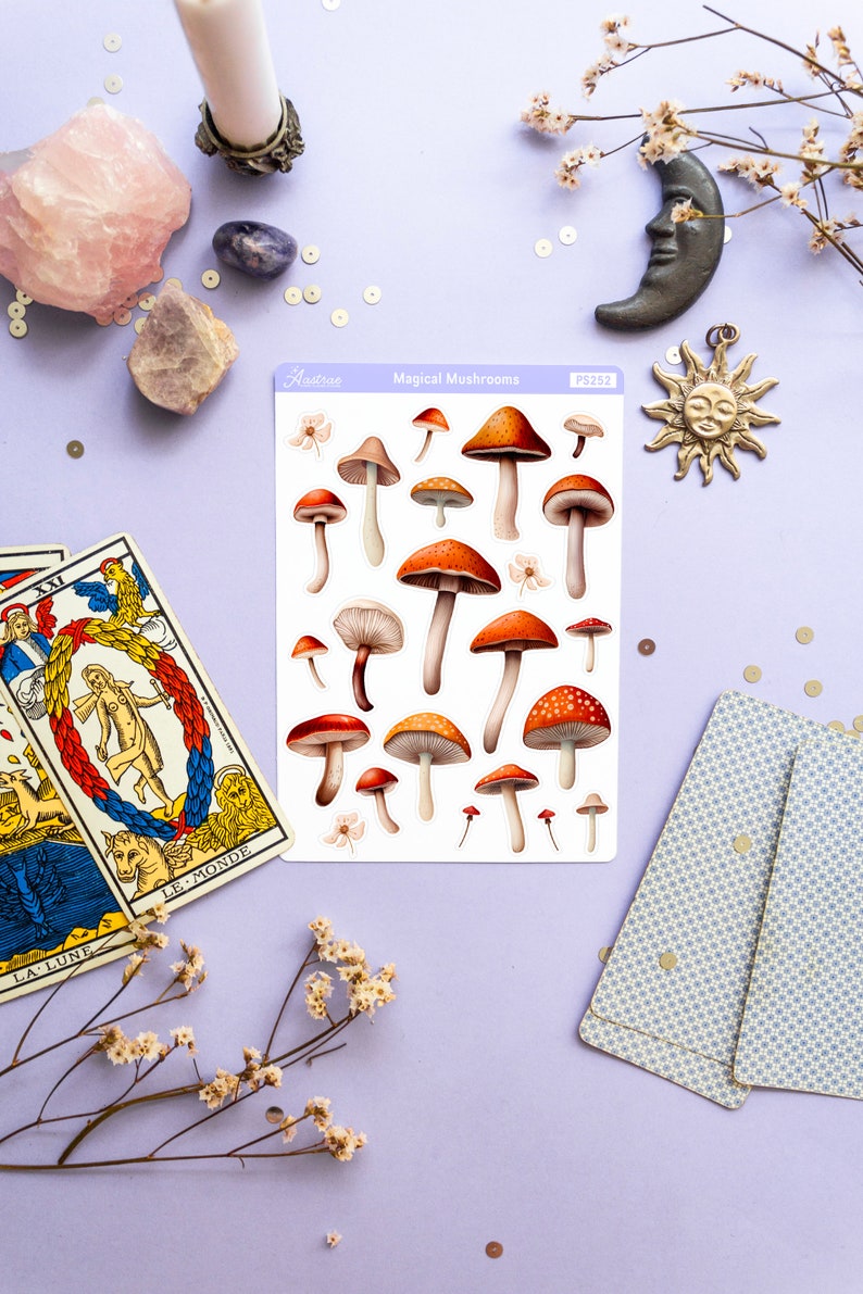 Peut inclure: Une feuille d'autocollants illustrant diff&eacute;rents types de champignons. Les autocollants sont sur fond blanc et ont une bordure rose clair. Le texte "Magical Mushrooms" est imprim&eacute; en haut de la feuille. La feuille est pos&eacute;e sur une surface violet clair avec divers objets d&eacute;coratifs, dont des cartes de tarot, des cristaux et un petit soleil en m&eacute;tal.