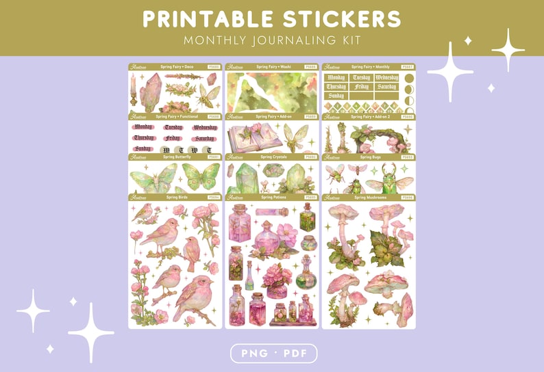 Spring Fairy Bullet Journal Stickers Printable, Cottagecore Planner Kit PNG PDF, Cricut Silhouette Sticker Sheets image 2