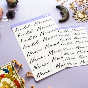 New Moon et Full Moon Script, autocollants de texte cursifs, autocollants de grimoire, autocollants de planificateur de sorcière, autocollants de livre d’ombres, journal lunaire
