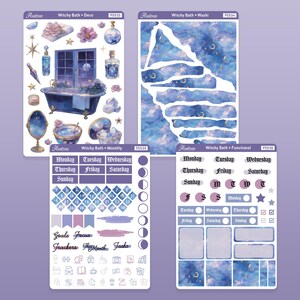 May include: A set of four planner stickers featuring a witchy bath theme. The stickers include a bath tub, bottles, stars, moons, and a calendar. The stickers are printed on clear vinyl and are perfect for adding a touch of whimsy to your planner.