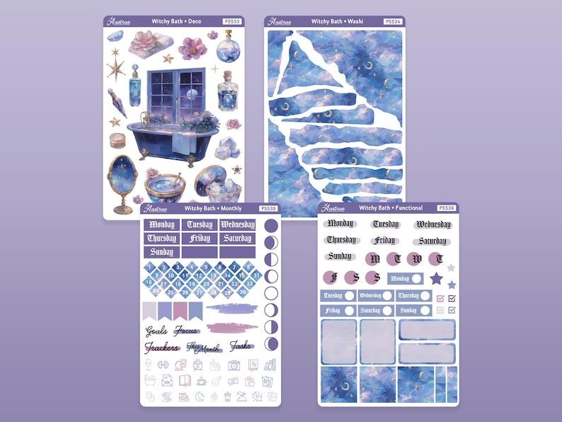 May include: A set of four planner stickers featuring a witchy bath theme. The stickers include a bath tub, bottles, stars, moons, and a calendar. The stickers are printed on clear vinyl and are perfect for adding a touch of whimsy to your planner.