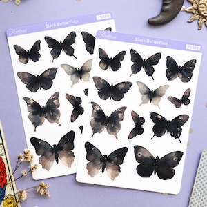 Adesivi farfalla nera, adesivi falena gotica, decorazioni per album di ritagli estetici oscuri, abbellimenti per planner stregoneschi, insetti della natura eleganti vittoriani
