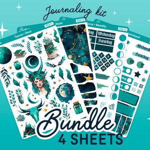 May include: A set of four sticker sheets with a celestial and nature theme. The stickers feature a green, blue, and gold colour scheme with illustrations of stars, moons, plants, and a mystical creature. The text on the sheets reads "Journaling kit" and "Bundle 4 Sheets".