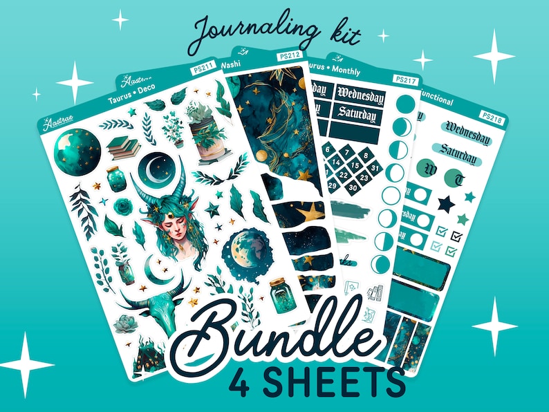 May include: A set of four sticker sheets with a celestial and nature theme. The stickers feature a green, blue, and gold colour scheme with illustrations of stars, moons, plants, and a mystical creature. The text on the sheets reads "Journaling kit" and "Bundle 4 Sheets".