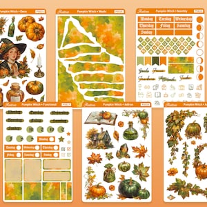 K&ouml;nnte beinhalten: Ein Premium-Kit mit sechs B&ouml;gen Planer-Aufklebern zum Thema K&uuml;rbishexe. Die Aufkleber zeigen Illustrationen von K&uuml;rbissen, Bl&auml;ttern, einer Hexe und anderen herbstlichen Elementen. Die Farbpalette umfasst Orange, Gr&uuml;n und Braun.