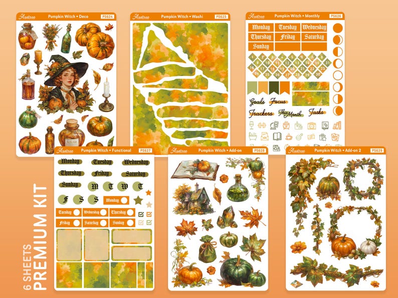 K&ouml;nnte beinhalten: Ein Premium-Kit mit sechs B&ouml;gen Planer-Aufklebern zum Thema K&uuml;rbishexe. Die Aufkleber zeigen Illustrationen von K&uuml;rbissen, Bl&auml;ttern, einer Hexe und anderen herbstlichen Elementen. Die Farbpalette umfasst Orange, Gr&uuml;n und Braun.