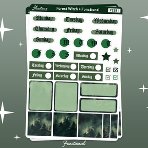 May include: A set of forest witch themed planner stickers with a dark green and black color scheme. The stickers include days of the week, checkboxes, and a forest scene.
